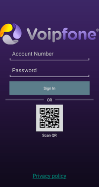 Voipfone Softphone app login screen Voipfone Softphone app login screen