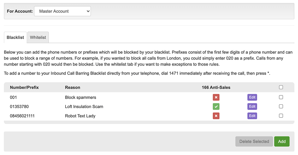 Call Barring Inbound Lists