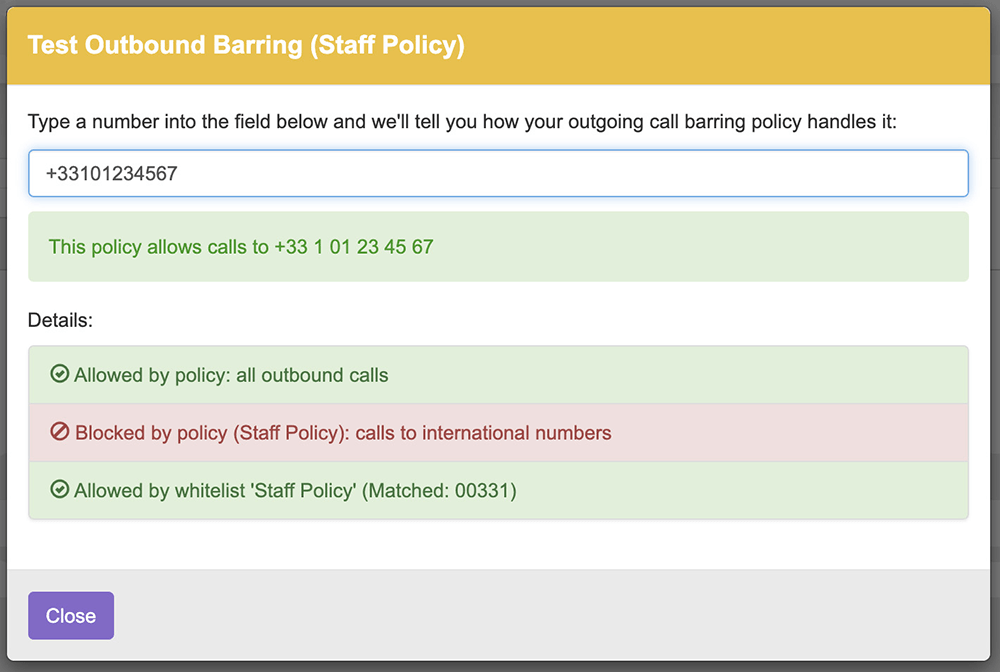 Call Barring Outbound Test