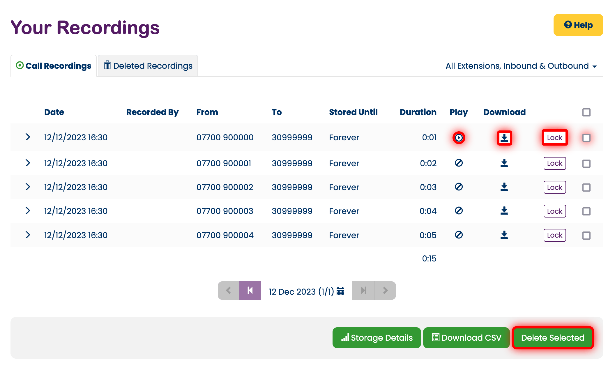 Managing recordings in the control panel Managing recordings in the control panel