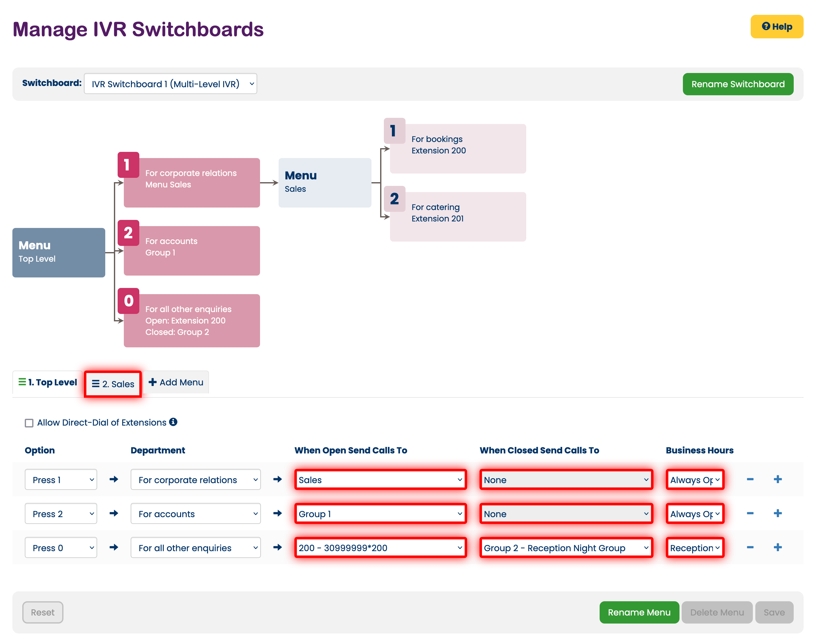 Managing IVR menus and call routing