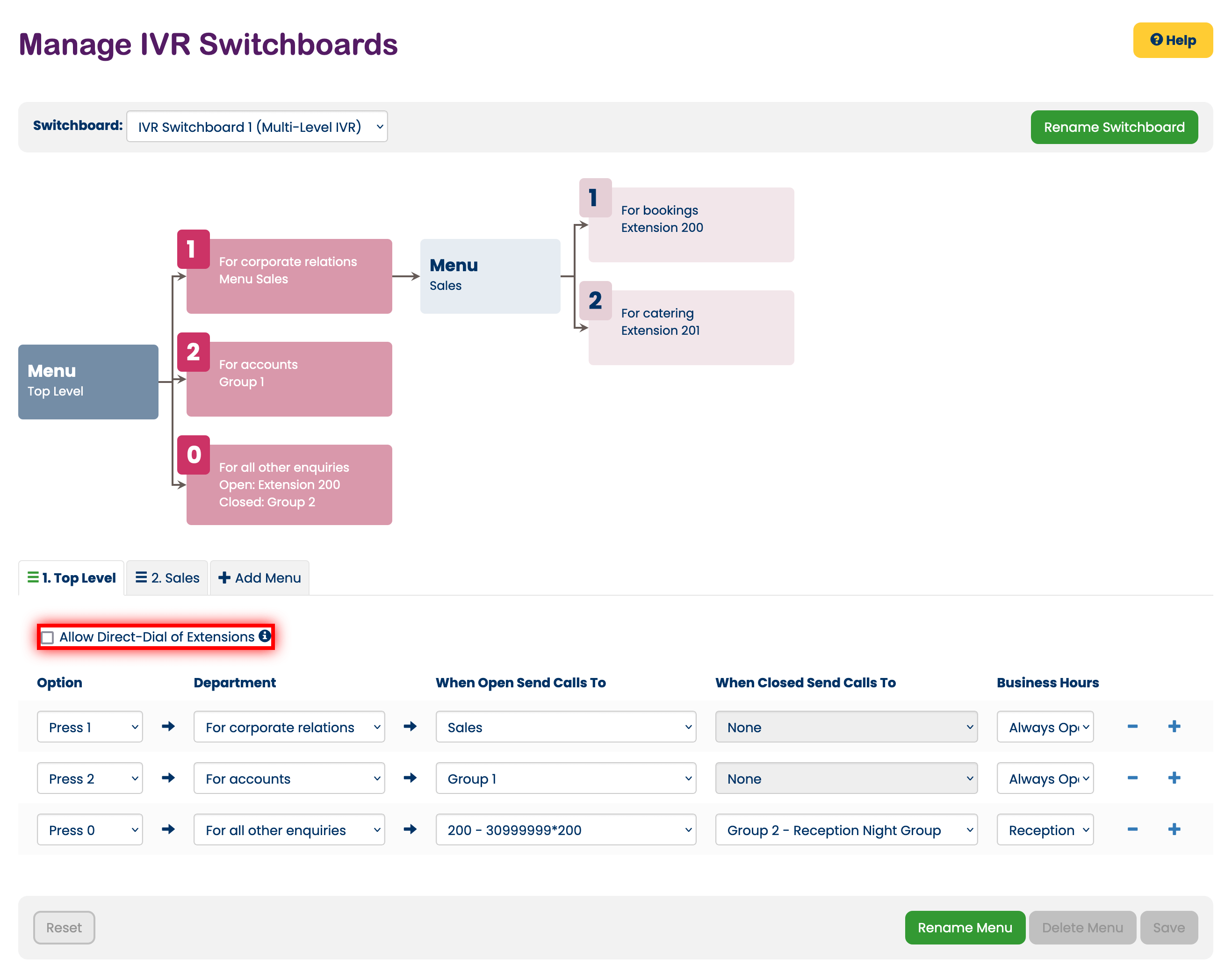Allowing direct dial of extensions whilst managing IVR menus