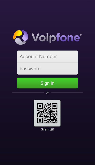 Voipfone Softphone app login screen