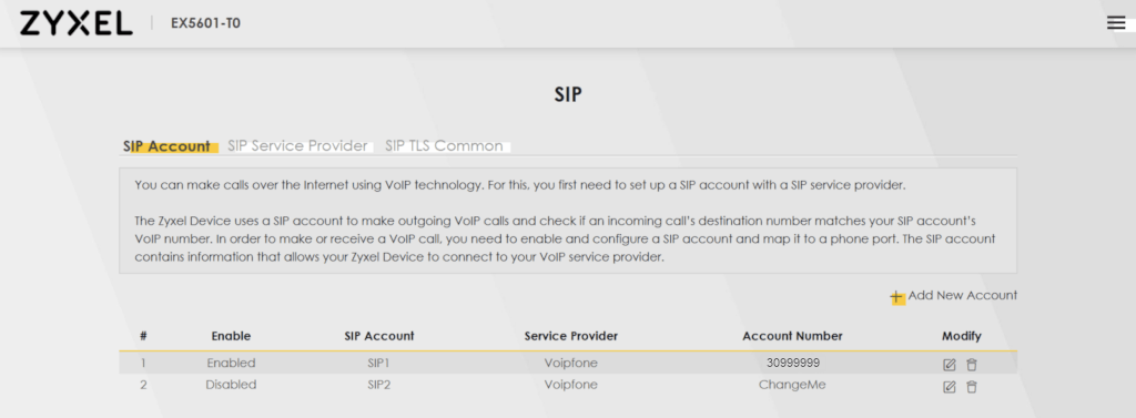 Modify SIP account Modify SIP account